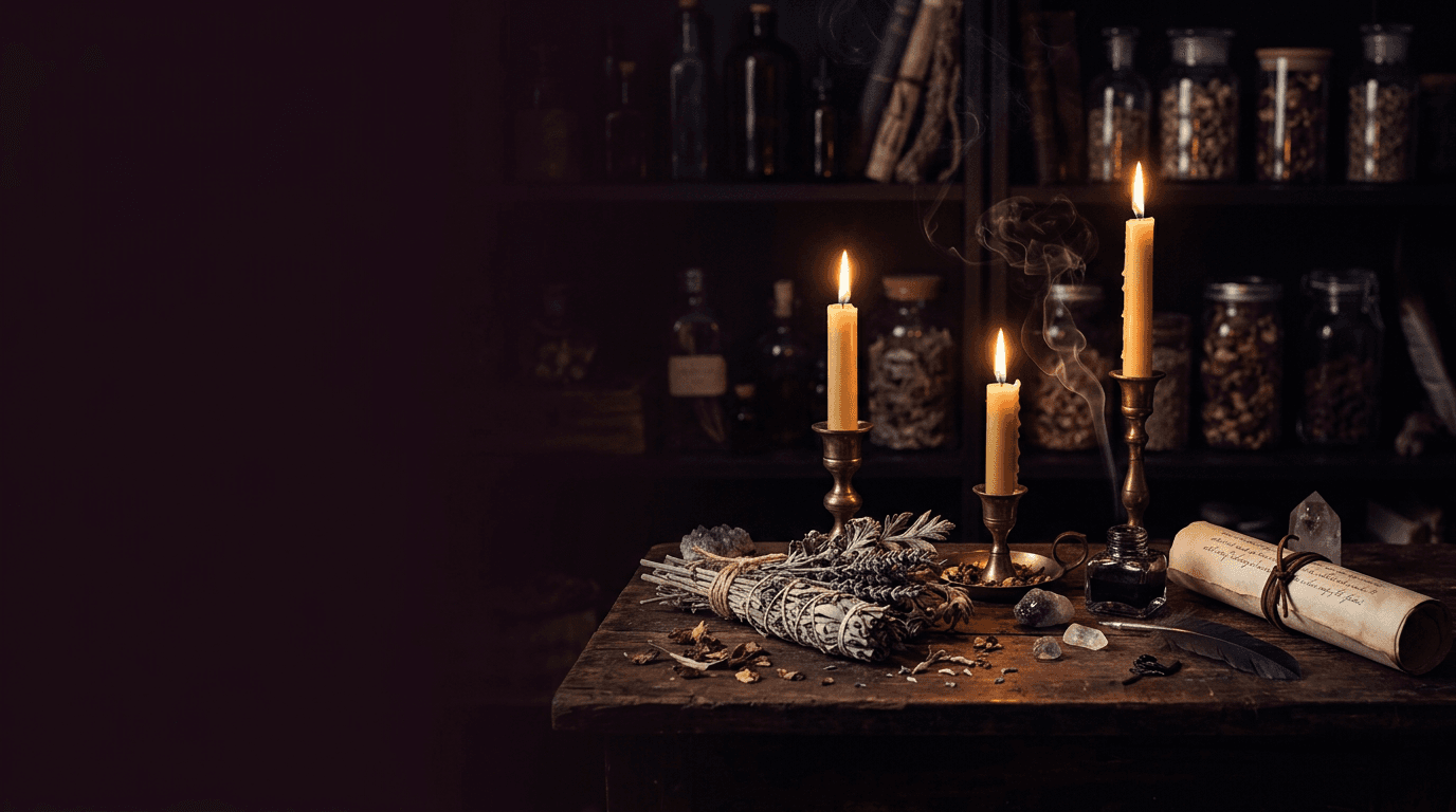 A candlelit apothecary: brass candlesticks with beeswax candles, bundles of dried sage and lavender, amethyst, an ink pot with a feather quill, and a rolled parchment scroll set against shelves of herb jars